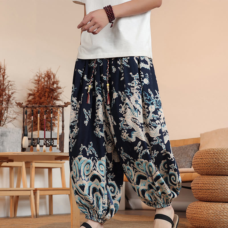 Pantalones harén de algodón con estampado de dragón y Buddha Stones para hombre, hasta el tobillo, con bolsillos - Marina de guerra - US/UK/AU46, EU56 (5XL) - image 0