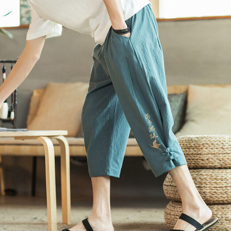 Pantalones harén cortos de algodón con bordado de grullas y Buddha Stones para hombre con bolsillos - Azul cadete - US/UK/AU46, EU56 (5XL) - image 0