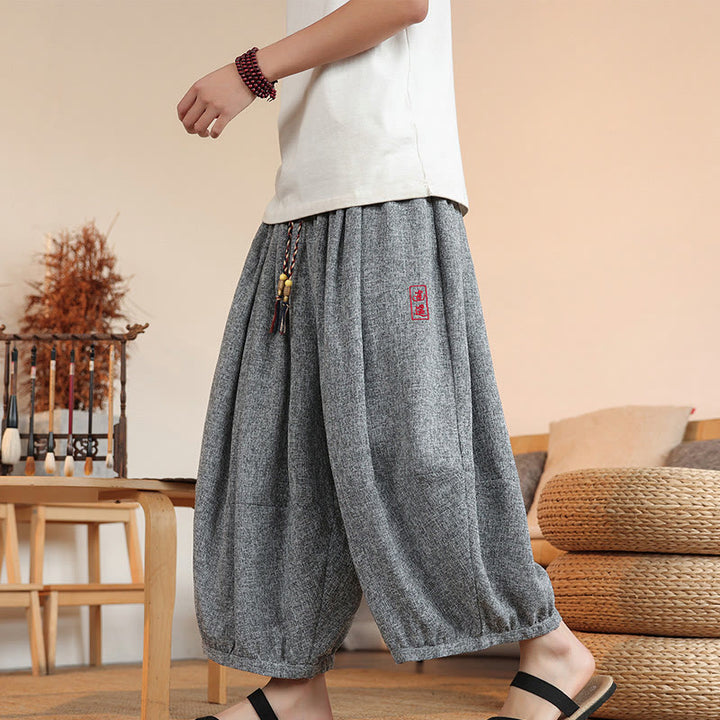 Pantalones harén cortos hasta el tobillo con bordado de personajes de verano de Buddha Stones y cordón ajustable para hombre con bolsillos