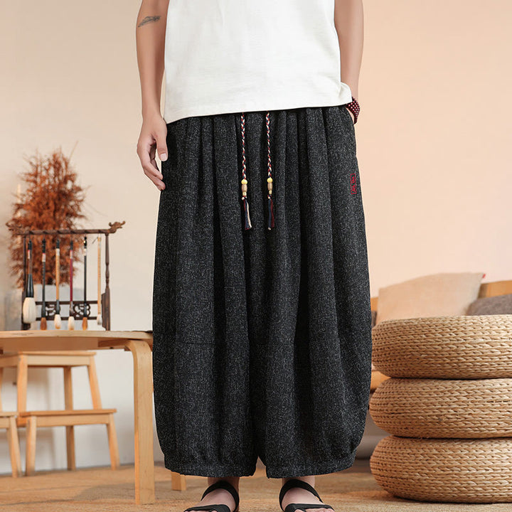 Pantalones harén cortos hasta el tobillo con bordado de personajes de verano de Buddha Stones y cordón ajustable para hombre con bolsillos