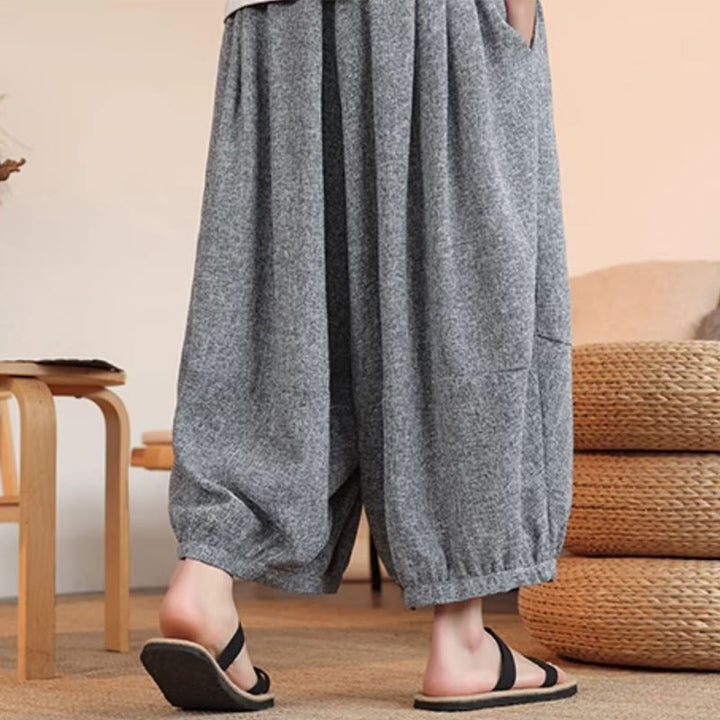 Pantalones harén cortos hasta el tobillo con bordado de personajes de verano de Buddha Stones y cordón ajustable para hombre con bolsillos