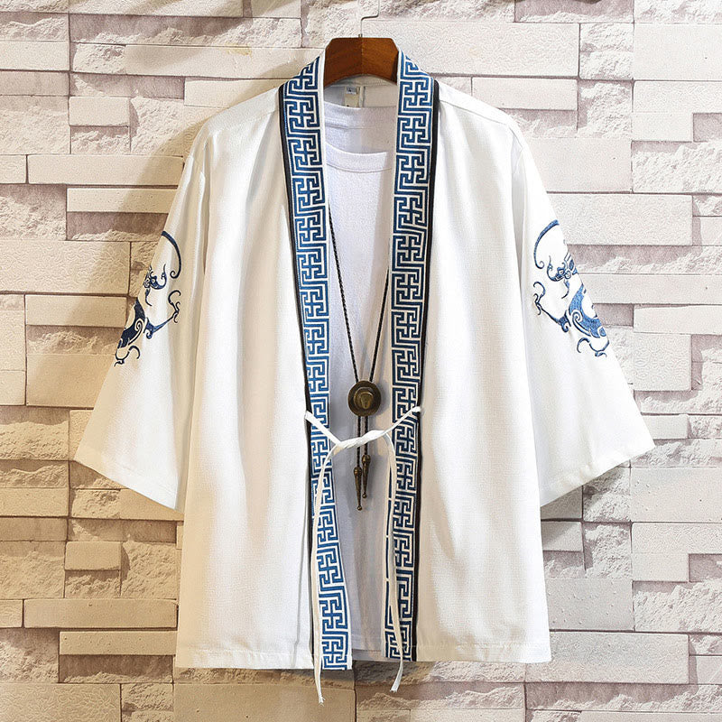 Chaqueta tipo kimono para hombre con bordado de Buddha Stones, dragón, fénix, nubes auspiciosas, olas, hojas y grullas. - Rayas de dragón blanco - Blanco - US/UK/AU46, EU56 (5XL) - image 3