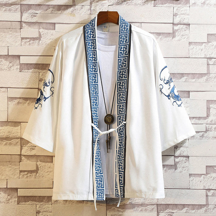 Chaqueta tipo kimono para hombre con bordado de Buddha Stones, dragón, fénix, nubes auspiciosas, olas, hojas y grullas. - Rayas de dragón blanco - Blanco - US/UK/AU46, EU56 (5XL) - image 3