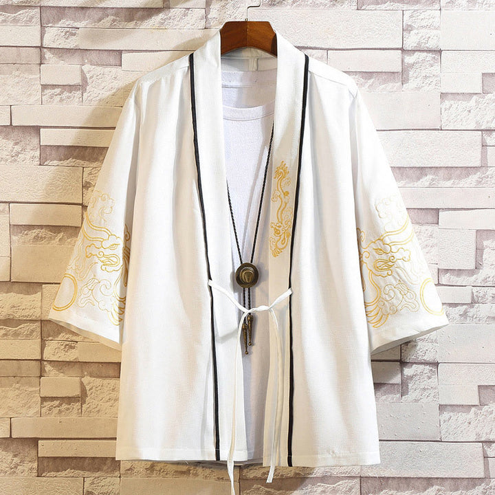 Chaqueta tipo kimono para hombre con bordado de Buddha Stones, dragón, fénix, nubes auspiciosas, olas, hojas y grullas. - Nubes Auspiciosas del Dragón Dorado-Blanco - US/UK/AU46, EU56 (5XL) - image 12