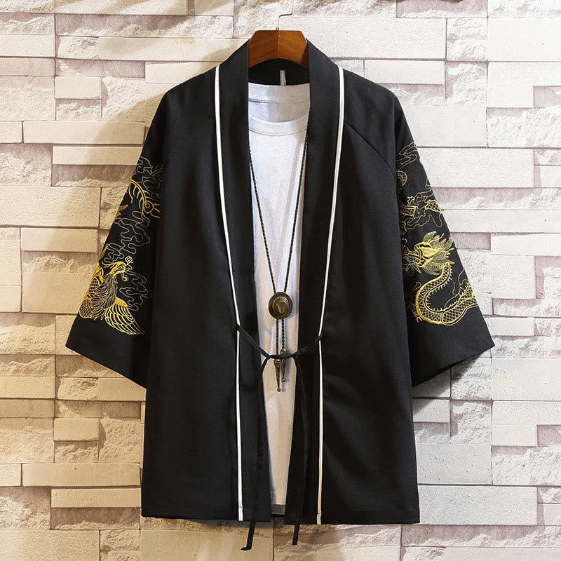 Chaqueta tipo kimono para hombre con bordado de Buddha Stones, dragón, fénix, nubes auspiciosas, olas, hojas y grullas. - Dragón Dorado Fénix-Negro - US/UK/AU46, EU56 (5XL) - image 18