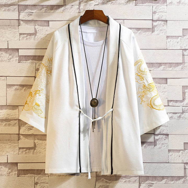 Chaqueta tipo kimono para hombre con bordado de Buddha Stones, dragón, fénix, nubes auspiciosas, olas, hojas y grullas. - Dragón Dorado Fénix-Blanco - US/UK/AU46, EU56 (5XL) - image 20