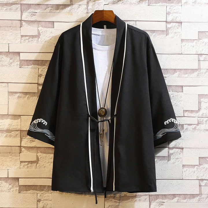 Chaqueta tipo kimono para hombre con bordado de Buddha Stones, dragón, fénix, nubes auspiciosas, olas, hojas y grullas. - Olas del océano-Negro - US/UK/AU46, EU56 (5XL) - image 37
