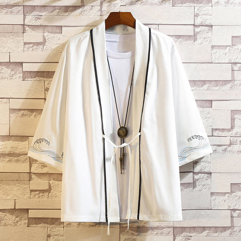Chaqueta tipo kimono para hombre con bordado de Buddha Stones, dragón, fénix, nubes auspiciosas, olas, hojas y grullas. - Olas del océano-Blanco - US/UK/AU46, EU56 (5XL) - image 39