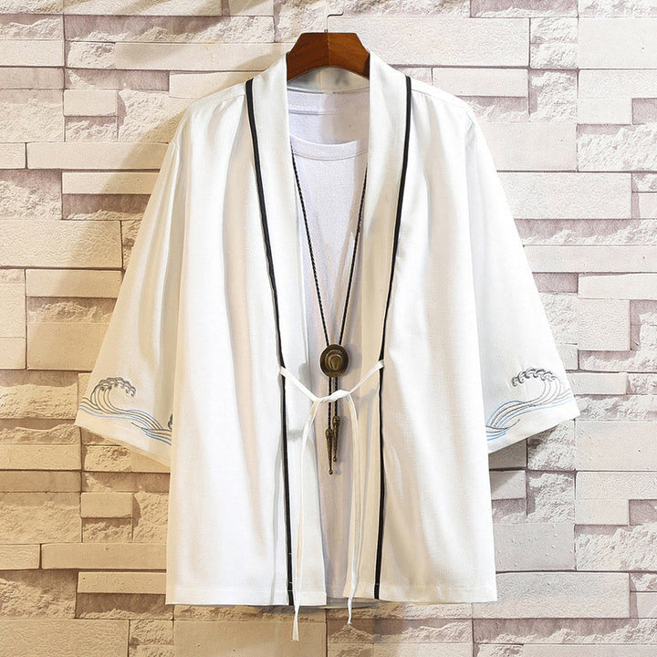 Chaqueta tipo kimono para hombre con bordado de Buddha Stones, dragón, fénix, nubes auspiciosas, olas, hojas y grullas. - Olas del océano-Blanco - US/UK/AU46, EU56 (5XL) - image 39