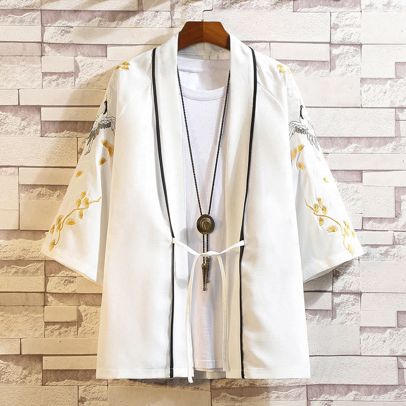 Chaqueta tipo kimono para hombre con bordado de Buddha Stones, dragón, fénix, nubes auspiciosas, olas, hojas y grullas. - Grulla blanca-blanca - US/UK/AU46, EU56 (5XL) - image 43