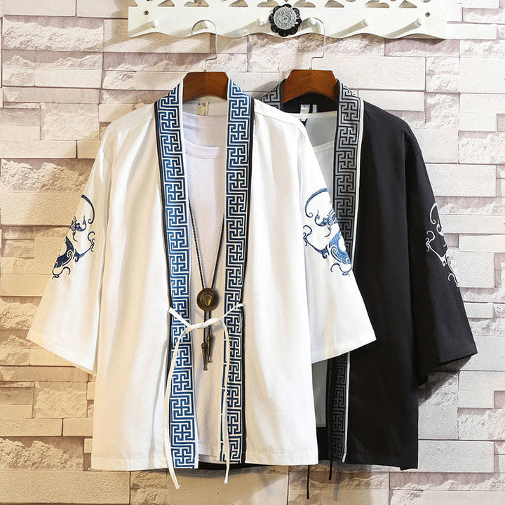 Chaqueta tipo kimono para hombre con bordado de Buddha Stones, dragón, fénix, nubes auspiciosas, olas, hojas y grullas. - image 5