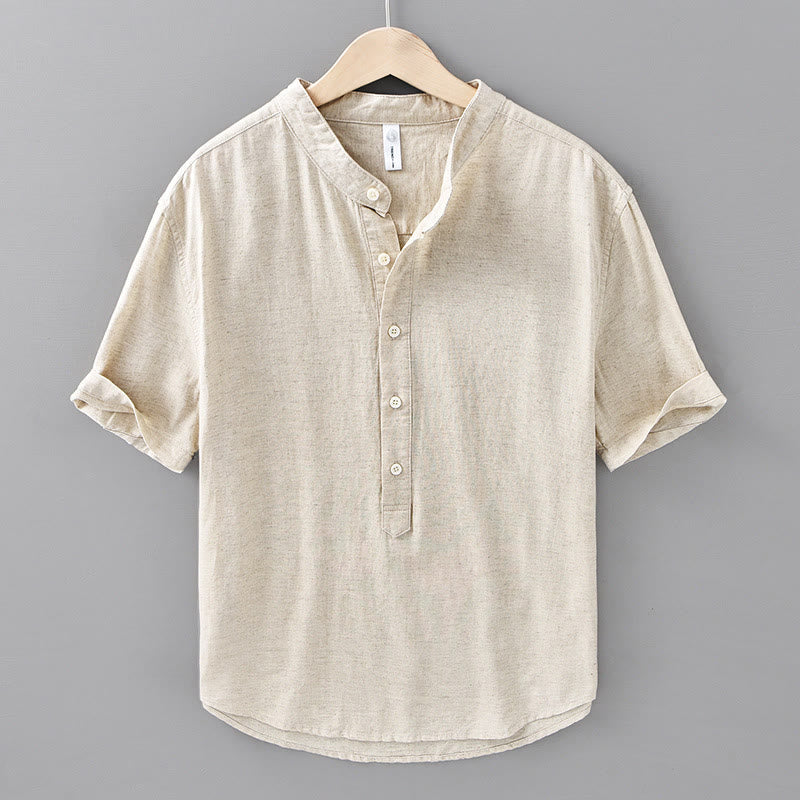 Camisa de manga corta de algodón y lino para hombre, color liso, con medio botón, estampado de Buddha Stones, verano. - Lino - US/UK/AU42, EU52 (3XL) - image 0