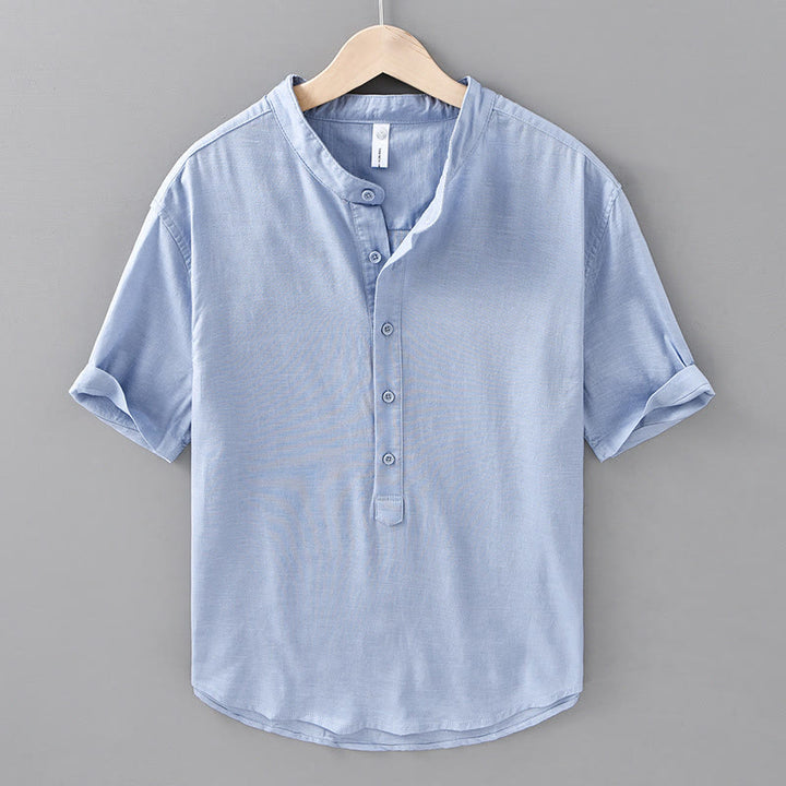 Camisa de manga corta de algodón y lino para hombre, color liso, con medio botón, estampado de Buddha Stones, verano. - Azul acero claro - US/UK/AU42, EU52 (3XL) - image 13