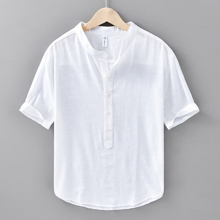 Camisa de manga corta de algodón y lino para hombre, color liso, con medio botón, estampado de Buddha Stones, verano. - Blanco - US/UK/AU42, EU52 (3XL) - image 11
