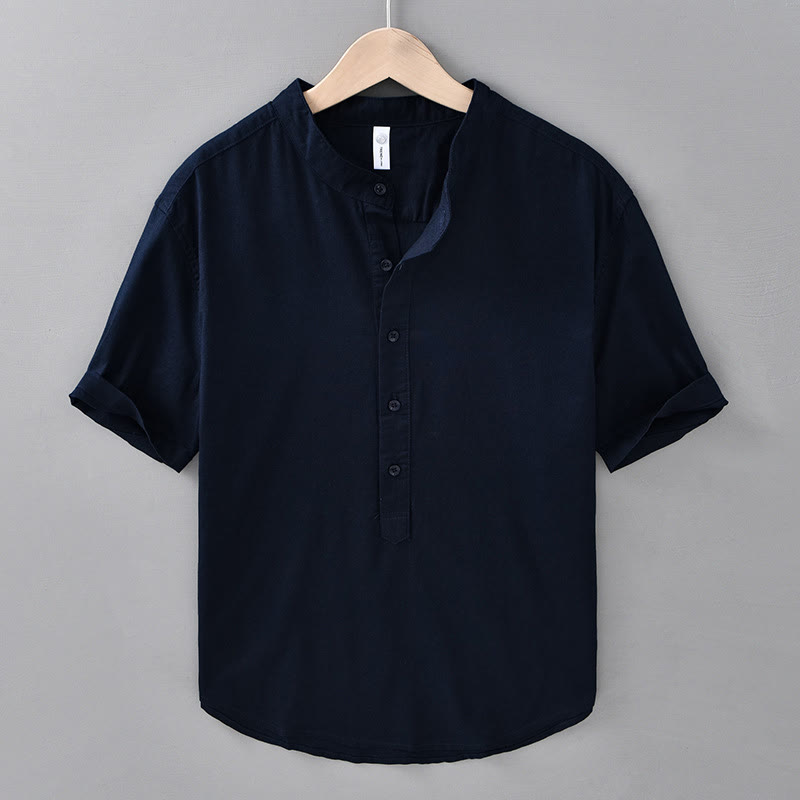 Camisa de manga corta de algodón y lino para hombre, color liso, con medio botón, estampado de Buddha Stones, verano. - Azul medianoche - US/UK/AU42, EU52 (3XL) - image 15