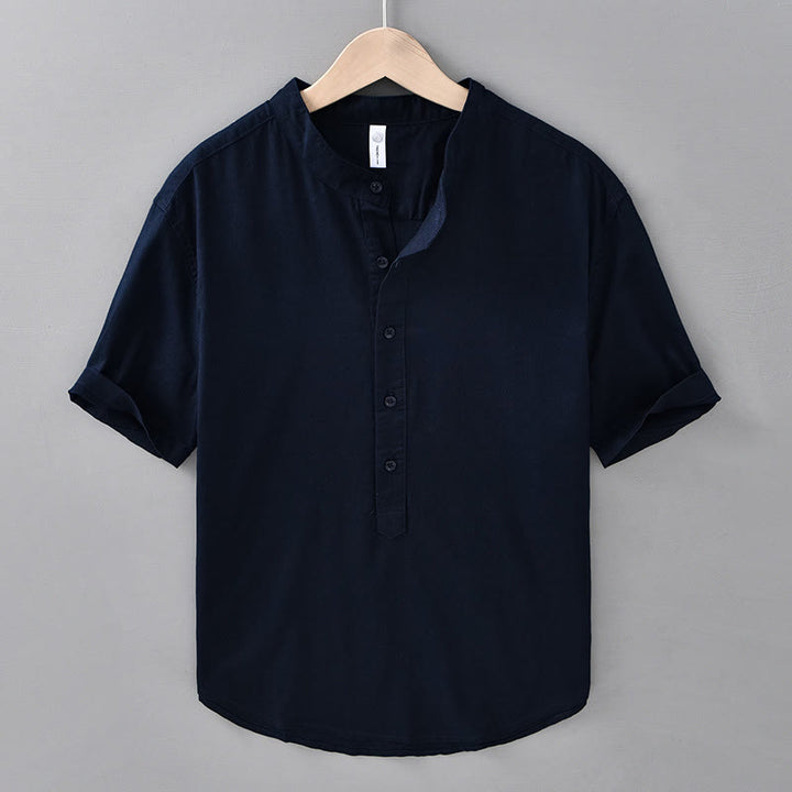 Camisa de manga corta de algodón y lino para hombre, color liso, con medio botón, estampado de Buddha Stones, verano. - Azul medianoche - US/UK/AU42, EU52 (3XL) - image 15