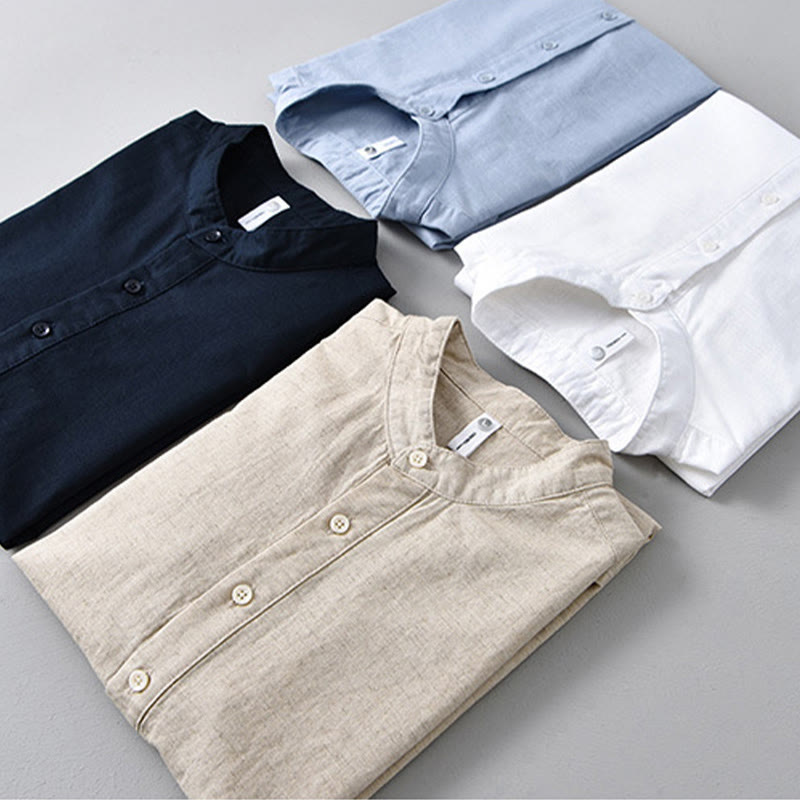 Camisa de manga corta de algodón y lino para hombre, color liso, con medio botón, estampado de Buddha Stones, verano. - image 1