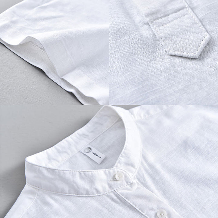 Camisa de manga corta de algodón y lino para hombre, color liso, con medio botón, estampado de Buddha Stones, verano. - image 12