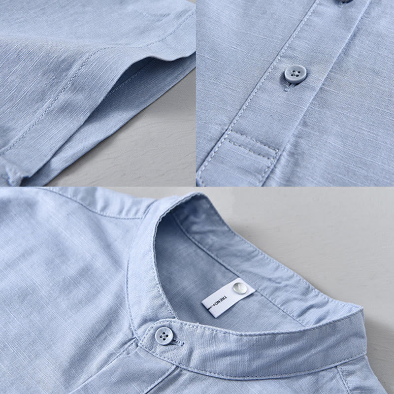 Camisa de manga corta de algodón y lino para hombre, color liso, con medio botón, estampado de Buddha Stones, verano. - image 14
