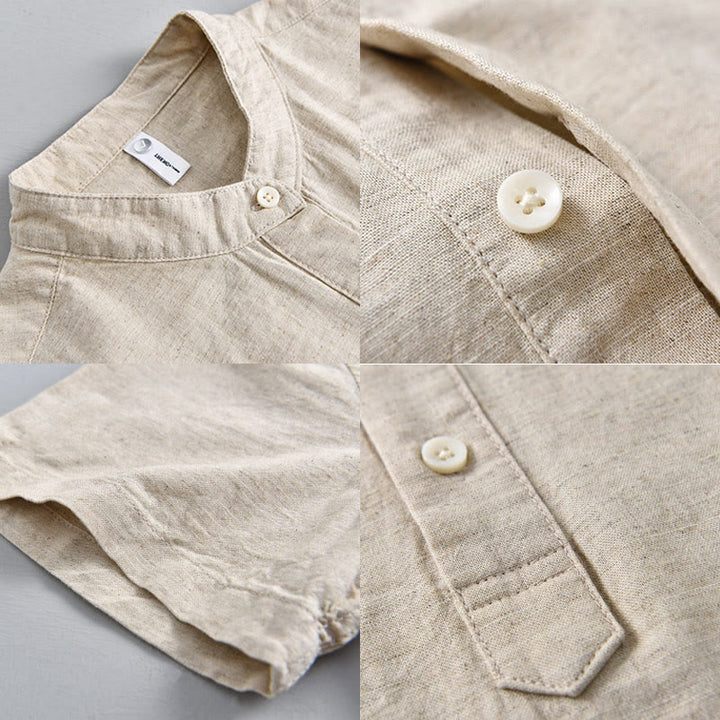 Camisa de lino y algodón de manga corta con botones y estampado de Buddha Stones para hombre, color liso, de verano - image 3