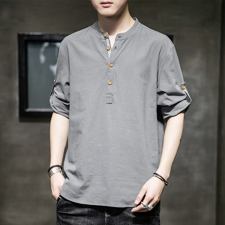Camisa de lino de verano para hombre, con media manga y botones, de Buddha Stones - Gris oscuro - US/UK/AU46, EU56 (5XL) - image 0