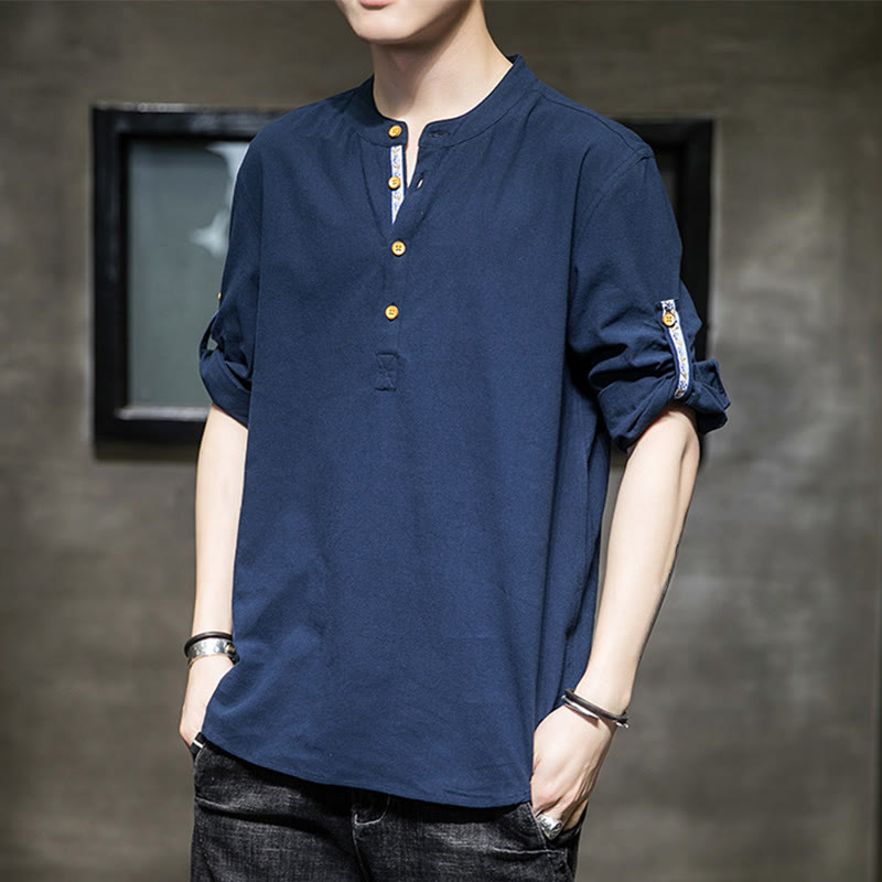 Camisa de lino de verano para hombre, con media manga y botones, de Buddha Stones