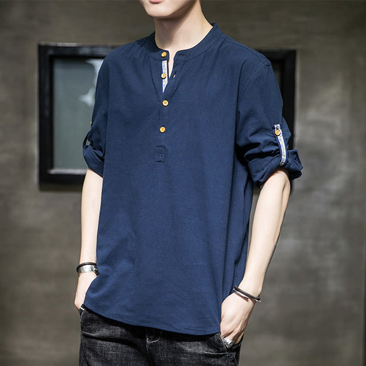 Camisa de lino de verano para hombre, con media manga y botones, de Buddha Stones - Azul acero - US/UK/AU46, EU56 (5XL) - image 17