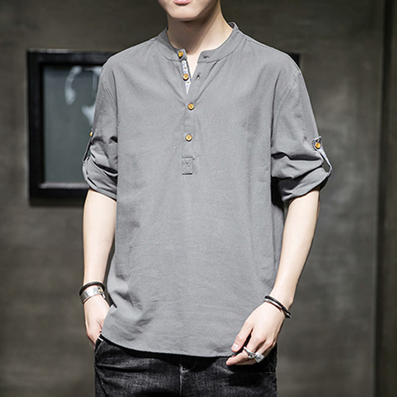 Camisa de lino de verano para hombre, con media manga y botones, de Buddha Stones