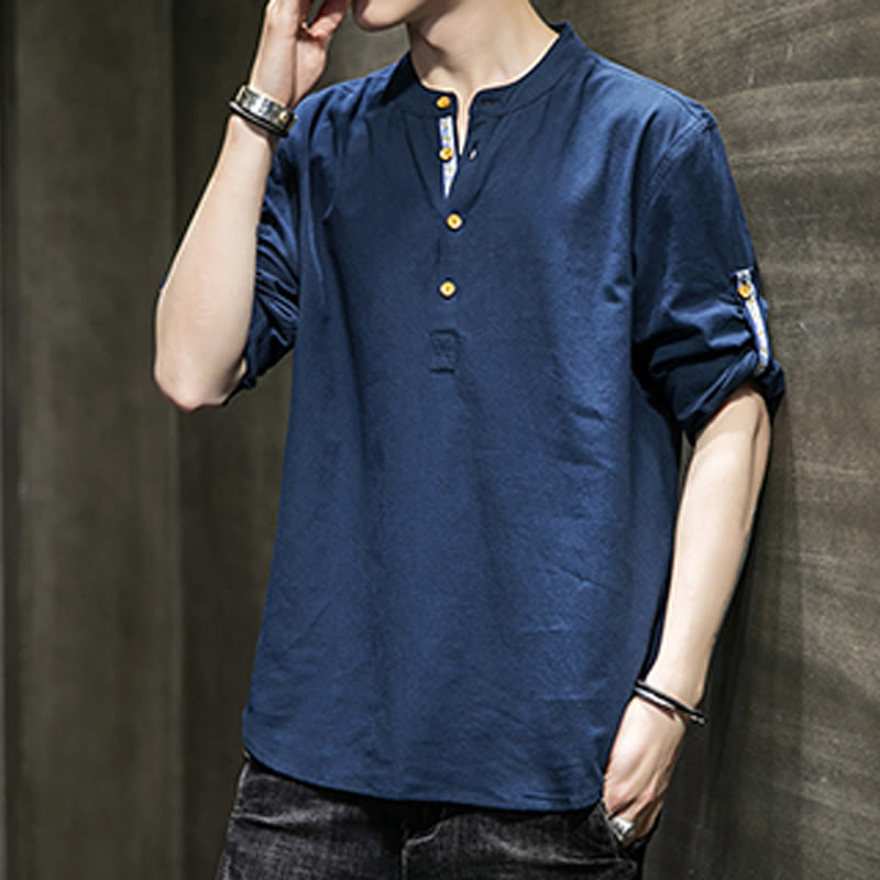 Camisa de lino de verano para hombre, con media manga y botones, de Buddha Stones
