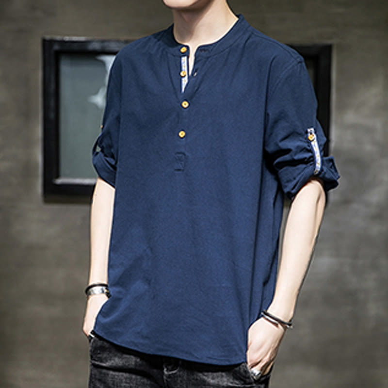 Camisa de lino de verano para hombre, con media manga y botones, de Buddha Stones