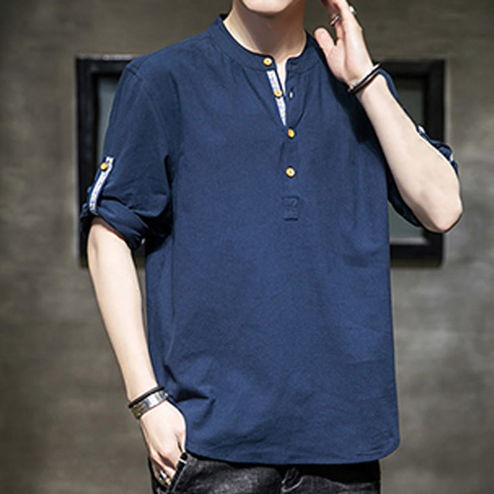 Camisa de lino de verano para hombre, con media manga y botones, de Buddha Stones