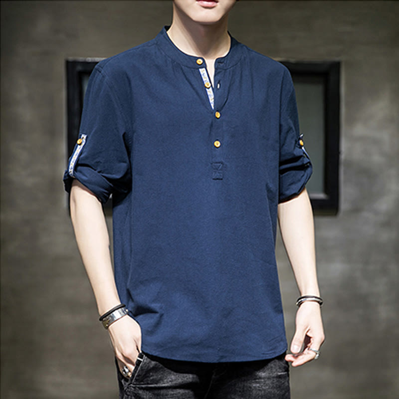 Camisa de lino de verano para hombre, con media manga y botones, de Buddha Stones