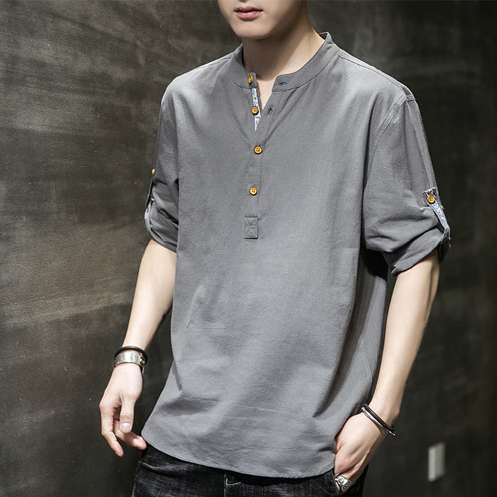 Camisa de lino de verano para hombre, con media manga y botones, de Buddha Stones - image 6