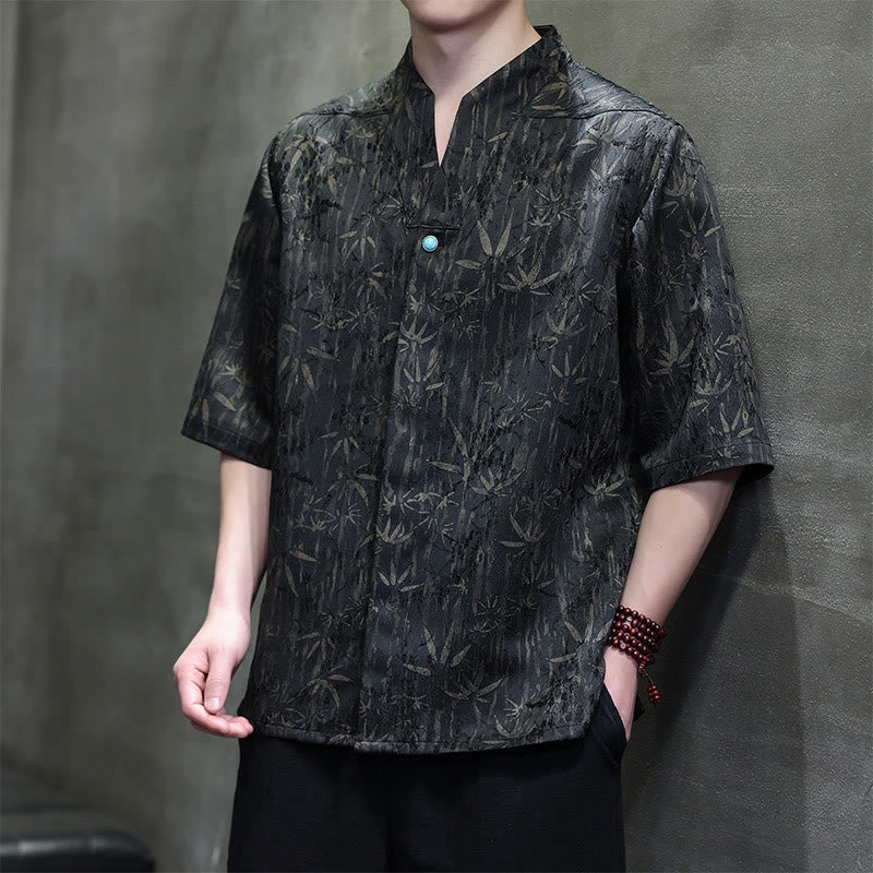 Camisa de lino de media manga para hombre con estampado de bambú dorado jacquard de verano Buddha Stones - Negro - US/UK/AU46, EU56 (5XL) - image 0