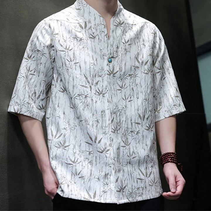 Camisa de lino de media manga para hombre con estampado de bambú dorado jacquard de verano Buddha Stones - image 9