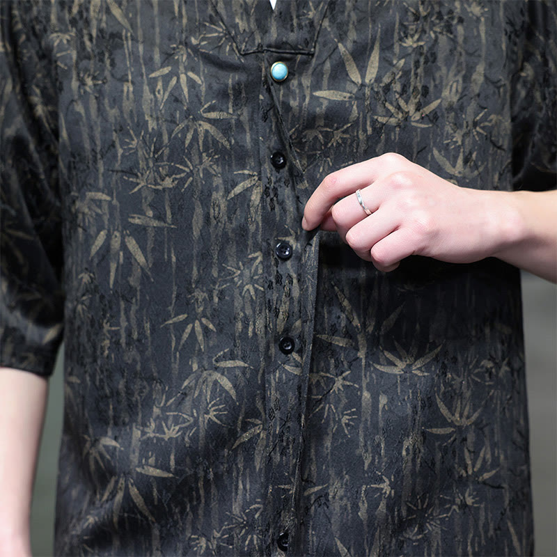 Camisa de lino de media manga para hombre con estampado de bambú dorado jacquard de verano Buddha Stones - image 2