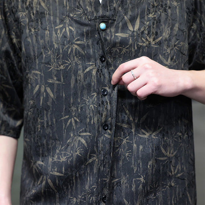 Camisa de lino de media manga para hombre con estampado de bambú dorado jacquard de verano Buddha Stones - image 2