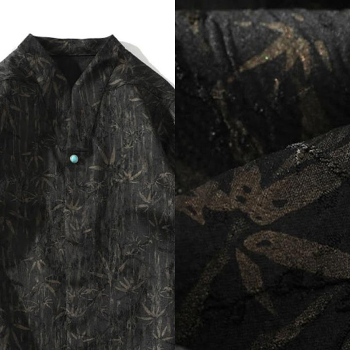 Camisa de lino de media manga para hombre con estampado de bambú dorado jacquard de verano Buddha Stones - image 4