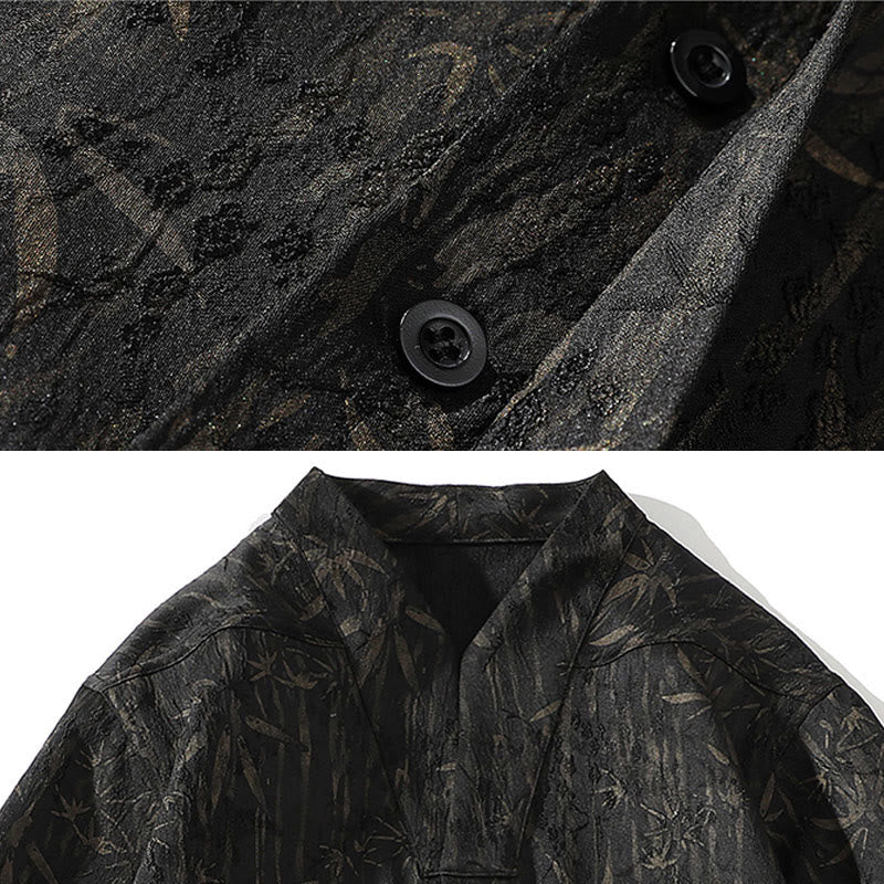 Camisa de lino de media manga para hombre con estampado de bambú dorado jacquard de verano Buddha Stones - image 3