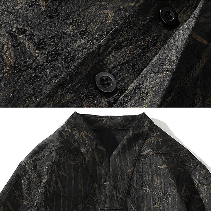 Camisa de lino de media manga para hombre con estampado de bambú dorado jacquard de verano Buddha Stones - image 3