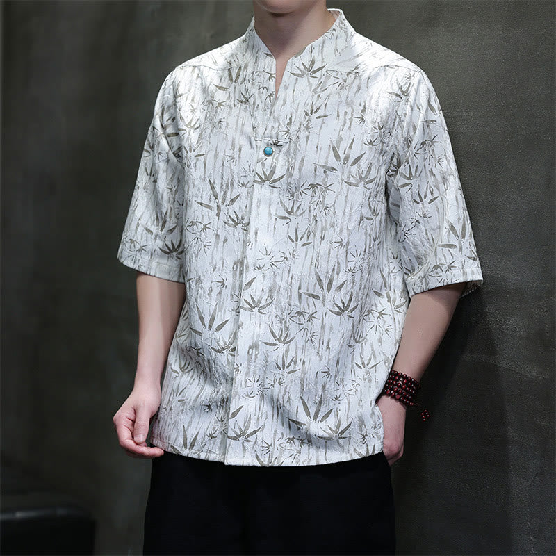 Camisa de lino de media manga para hombre con estampado de bambú dorado jacquard de verano Buddha Stones - Blanco - US/UK/AU46, EU56 (5XL) - image 8