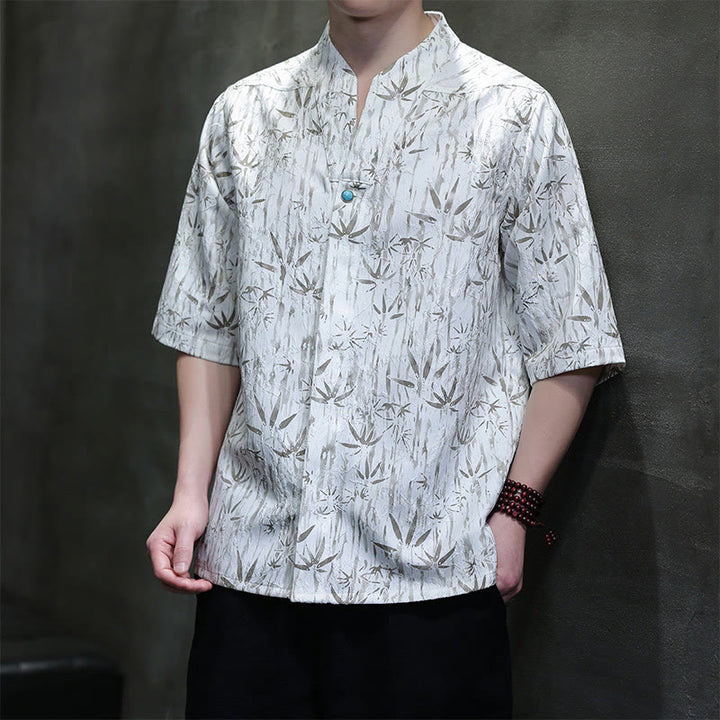 Camisa de lino de media manga para hombre con estampado de bambú dorado jacquard de verano Buddha Stones - Blanco - US/UK/AU46, EU56 (5XL) - image 8
