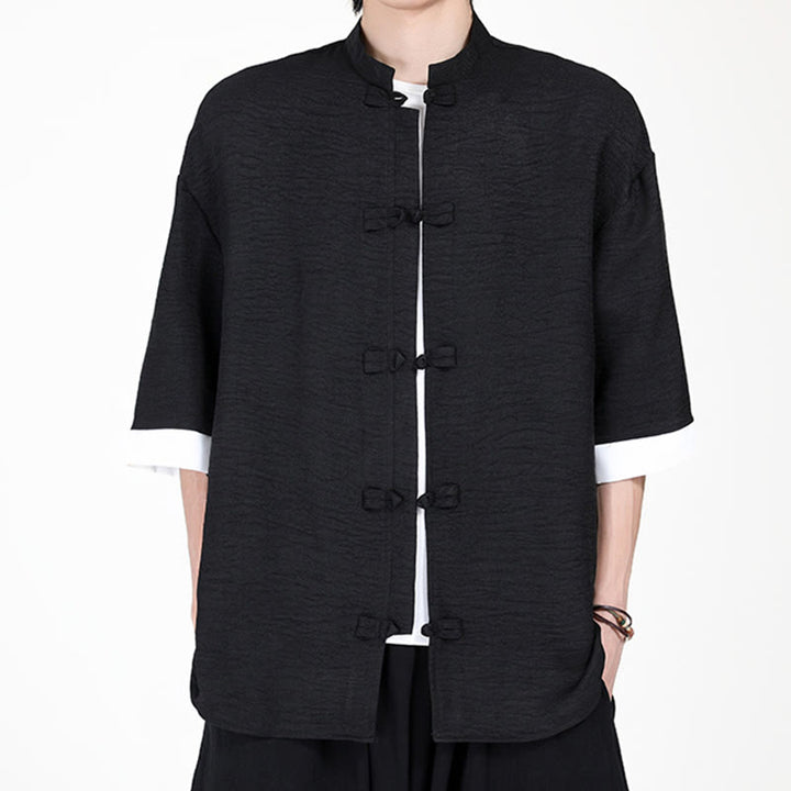 Camisa de manga corta para hombre con diseño de botones de rana y traje Tang liso con Buddha Stones