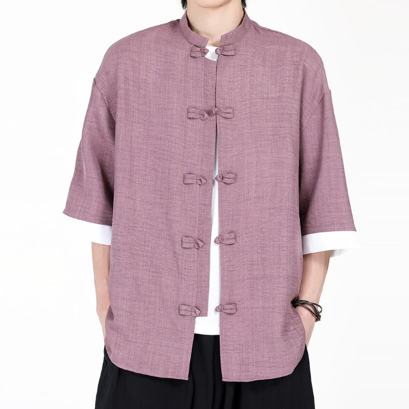 Camisa de manga corta para hombre con diseño de botones de rana y traje Tang liso con Buddha Stones