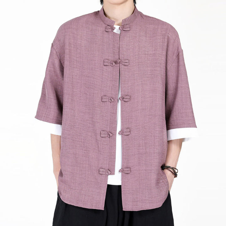 Camisa de manga corta para hombre con diseño de botones de rana y traje Tang liso con Buddha Stones