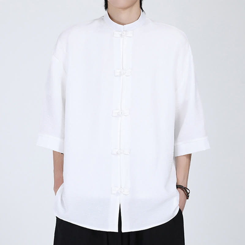 Camisa de manga corta para hombre con diseño de botones de rana y traje Tang liso con Buddha Stones