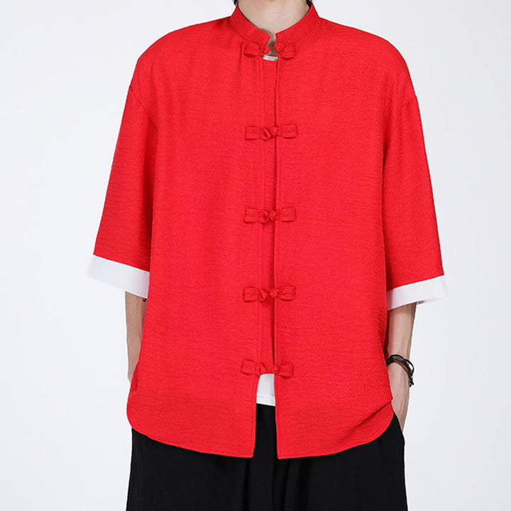Camisa de manga corta para hombre con diseño de botones de rana y traje Tang liso con Buddha Stones