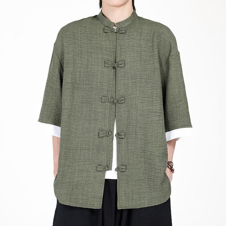 Camisa de manga corta para hombre con diseño de botones de rana y traje Tang liso con Buddha Stones