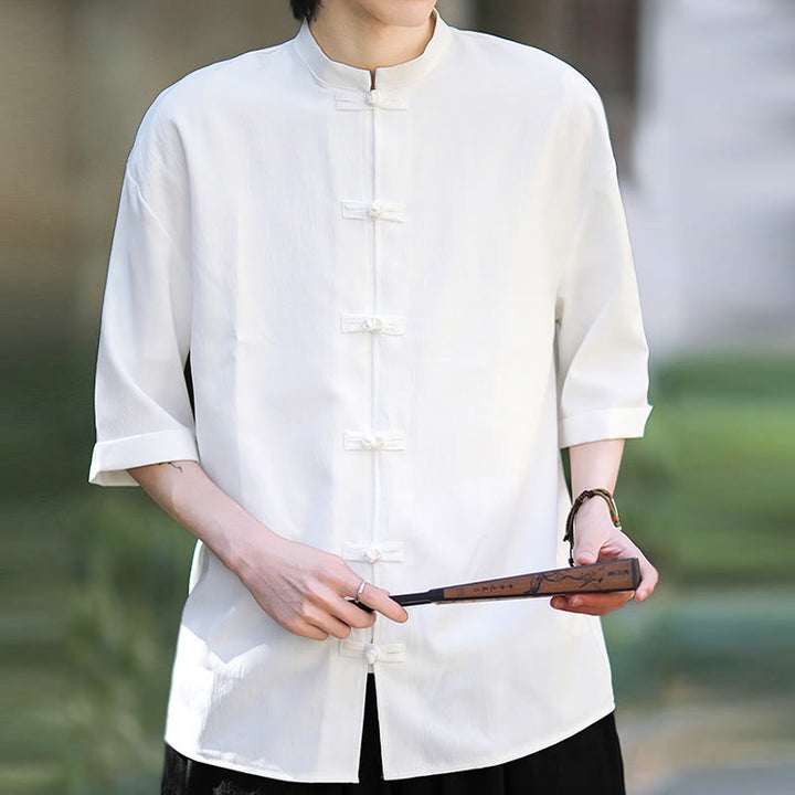 Camisa de manga corta para hombre con diseño de botones de rana y traje Tang liso con Buddha Stones