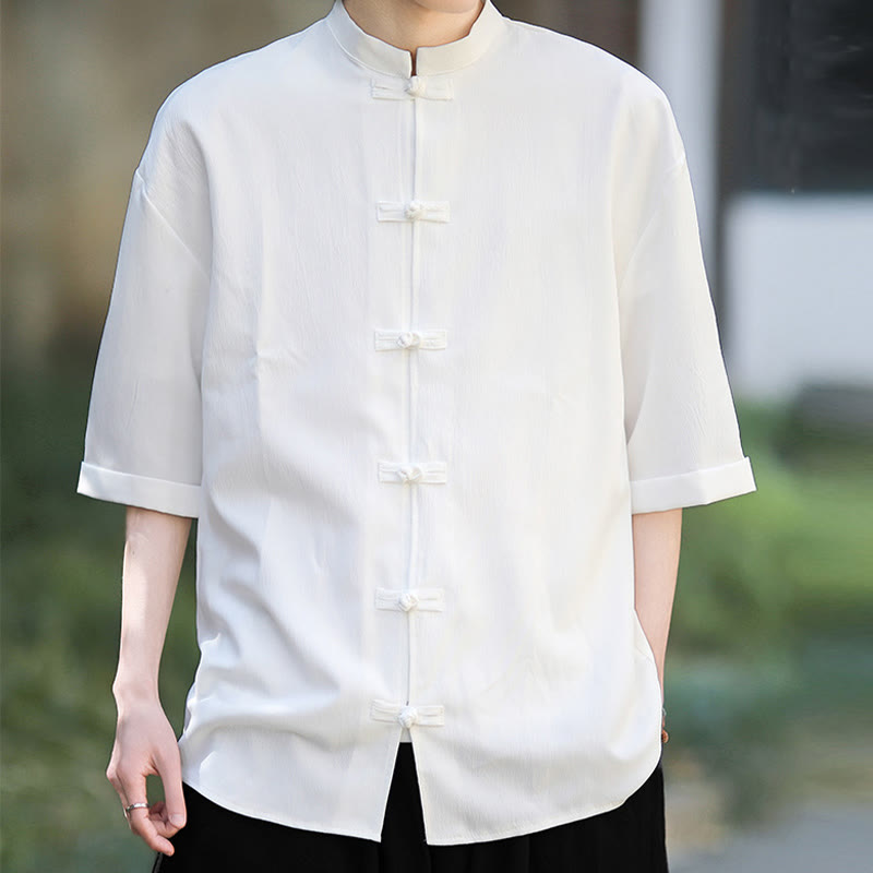 Camisa de manga corta para hombre con diseño de botones de rana y traje Tang liso con Buddha Stones